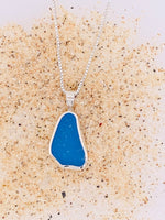 Sea Glass Cornflower Blue bezel set Sterling Silver Necklace