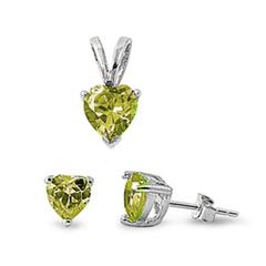 sterling silver peridot heart cz earring and pendent set
