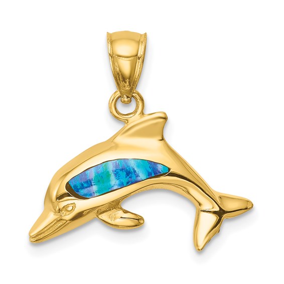 14K Lab Created Opal Dolphin Pendant