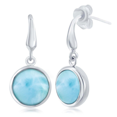 sterling silver bezel set round larimar dangle earrings