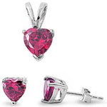 sterling silver ruby heart cz earring and pendent set
