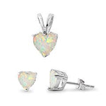 sterling silver white lab opal heart earring and pendent set