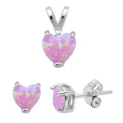 sterling silver lab opal pink heart earring and pendent set