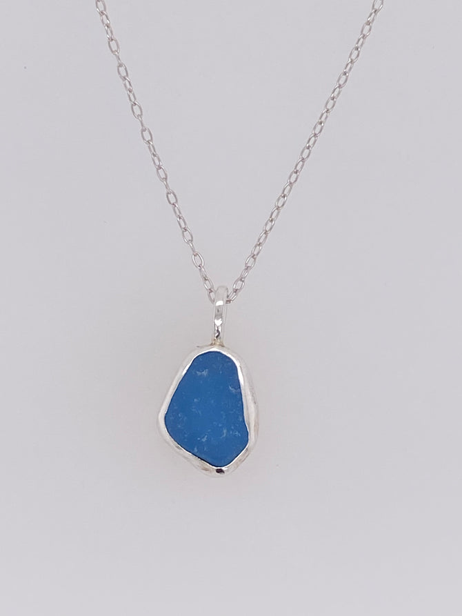 Sea Glass bezel set cobalt blue sterling silver necklace