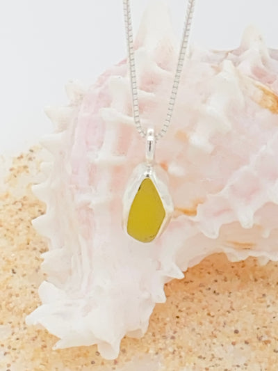 Sea Glass Yellow color bezel set Sterling Silver Necklace