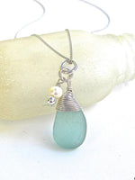 Sea Glass Drop with pearl Sterling Silver Necklace