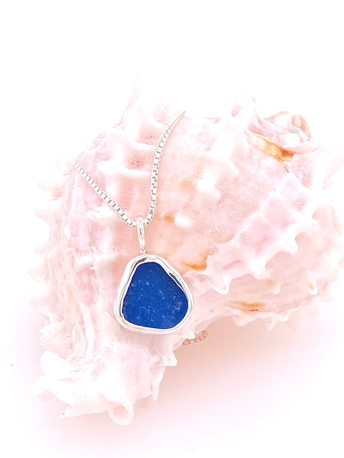 Sea Glass Cornflower Blue bezel set Sterling Silver Necklace