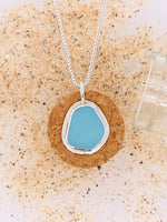 Sea Glass Aqua color bezel set Sterling Silver Necklace