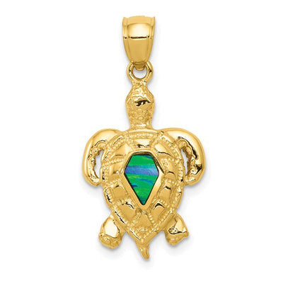 14K Polished Created Blue Opal Turtle Pendant