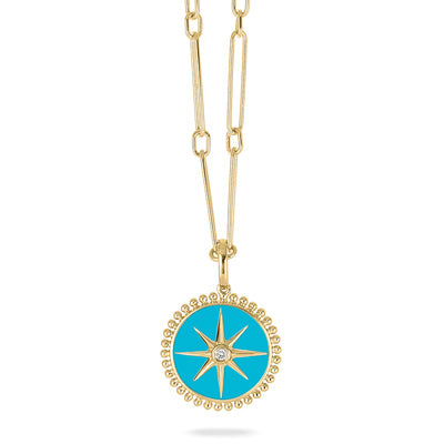 Pendant With Diamond And Turquoise - Gold 18K 15mm