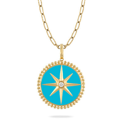 Pendant With Diamond And Turquoise - Gold 18K 20mm