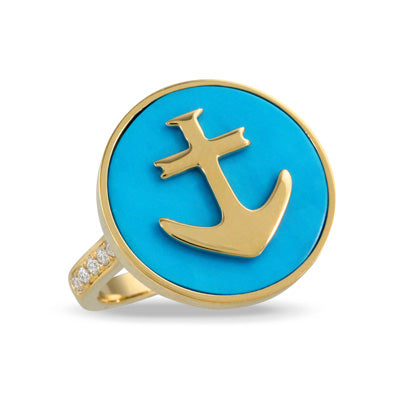 Anchor Ring with Diamond and Turquoise - Gold 18K