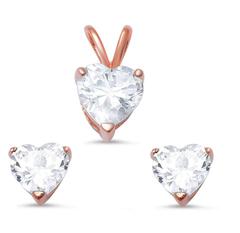 sterling silver clear heart cz rose gold overlay earring and pendent set