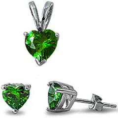 sterling silver emerald heart cz earring and pendent set