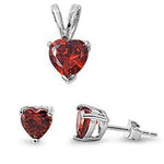 sterling silver garnet heart cz earring and pendent set