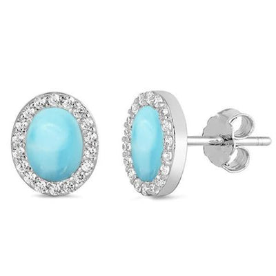 round larimar and cz oval stud sterling silver earrings