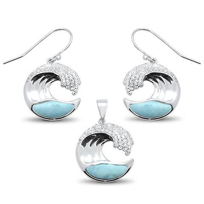 larimar and cz ocean wave design earring and pendent sterling silver set