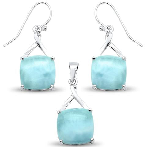 larimar cushion cut earring and pendent sterling silver set