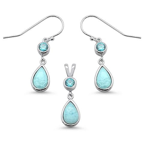 larimar pear shape and aquamarine dangle earring and pendent sterling silver set