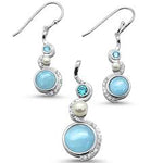 larimar, blue topaz, pearl, and cz earring and pendent sterling silver set