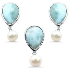 larimar and mother of pearl earring and pendent sterling silver set