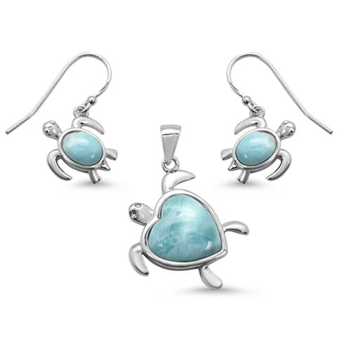 larimar heart and turtle earring and pendent sterling silver set