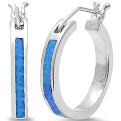 large blue opal round hoop sterling silver earrings