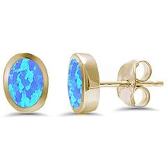yellow gold plated oval shape bezel blue opal sterling silver earrings