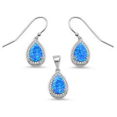 pear shape blue opal and cz earring and pendent sterling silver set