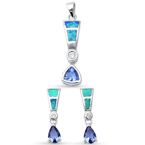 blue opal and tanzanite cz earring and pendent sterling silver set