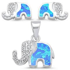 blue opal and cz elephant design earring and pendent sterling silver set