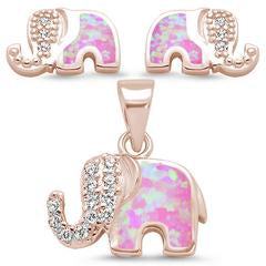 rose gold plated pink opal elephant design earring and pendent sterling silver set