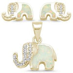 white opal and cz elephant design earring and pendent gold plated sterling silver set