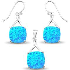 blue opal cushion dangle earring and pendent sterling silver set