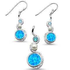 blue opal, blue topaz, pearl,and cz earring and pendent sterling silver set
