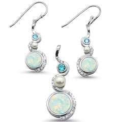 white opal, blue topaz, pearl, and cz earring and pendent set