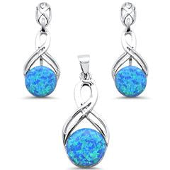 round blue opal infinity drop dangle earring and pendent sterling silver set