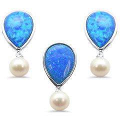 blue opal and mother of pearl earring and pendent sterling silver set