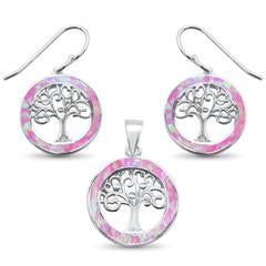 pink opal tree of life earring and pendent sterling silver set