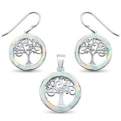 white opal tree of live earring and pendent sterling silver set