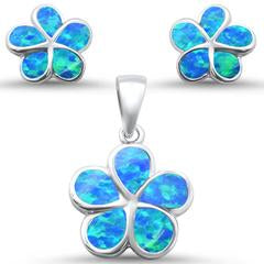 blue opal plumeria flower earring and pendent sterling silver set
