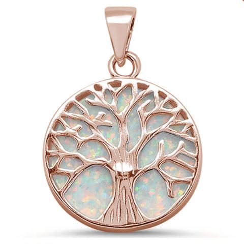 Rose gold plated white opal tree of life sterling silver pendent