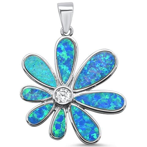 blue opal and cz flower sterling silver pendent