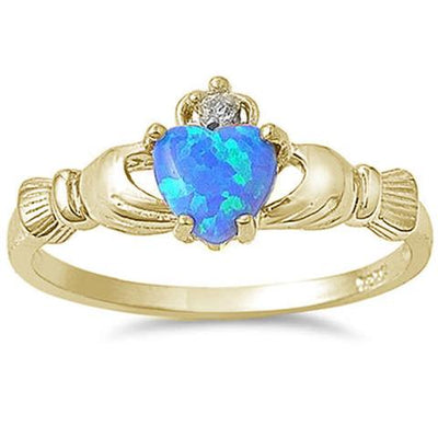 yellow gold plated blue opal sterling silver claddagh ring
