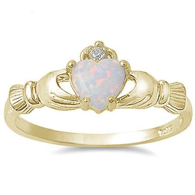 yellow gold plated white opal sterling silver claddagh ring