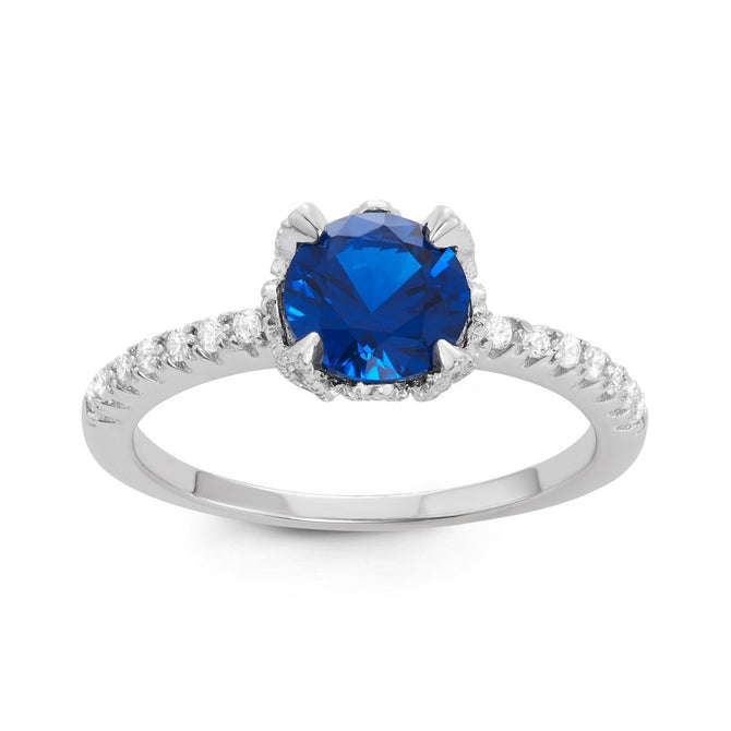sterling silver cz band with round blue sapphire cz