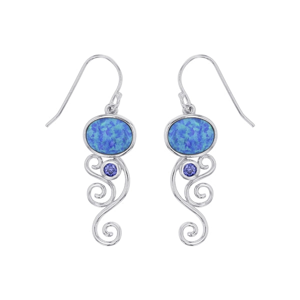 sterling silver blue opal oval shape w/ round tanzanite bezel cz swirl earring