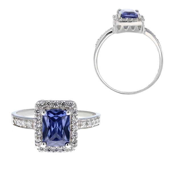 sterling silver rhodium plated tanzanite cz rectangle ring