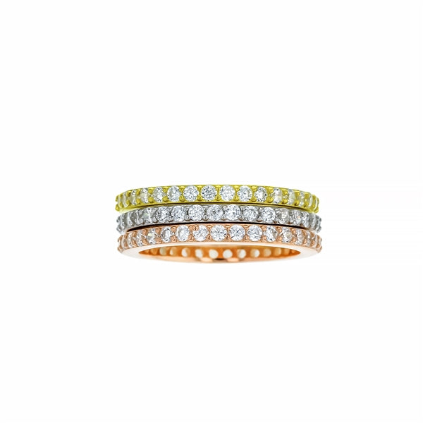 sterling silver tri color plated eternity band pave cz stackable 3 pc ring