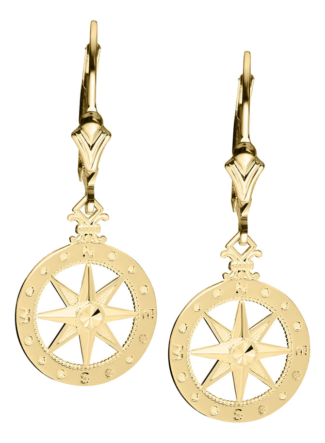 14K Gold Compass Rose Drop Earrings